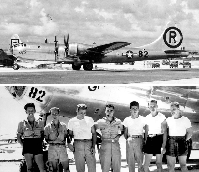 Top: The Silverplate Boeing B-29 Superfortress Enola Gay on Tinian following the mission to Hiroshima. The original fin flash on the Enola Gay was the circle and arrow of the 509th Composite Group. It was changed to a circled letter R to match other bombers based on Tinian to hide its purpose. Bottom: The crew of the Enola Gay. Paul Tibbets is center. (US Air Force)